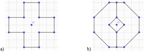Vẽ lại các hình sau vào giấy kẻ ô vuông rồi vẽ thêm để được một hình nhận điểm O là tâm đối xứng (ảnh 1)