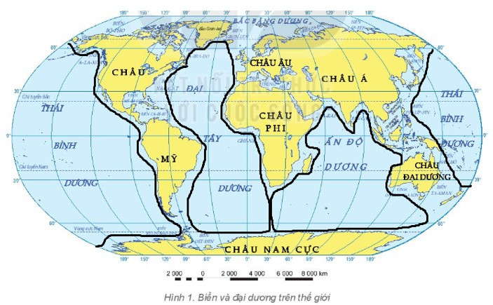 Xác định vị trí các đại dương trên hình 1 (ảnh 1)