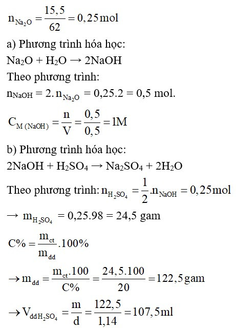Cho 15,5 gam natri oxit Na2O tác dụng với nước, thu được 0,5 lít dung dịch bazơ (ảnh 1)
