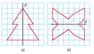 Vẽ các hình sau vào giấy kẻ ô vuông rồi vẽ thêm để được hình nhận đường thẳng d là trục đối xứng (ảnh 1)