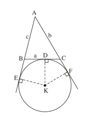 Cho tam giác ABC, đường tròn (K) bàng tiếp trong góc A (ảnh 1)