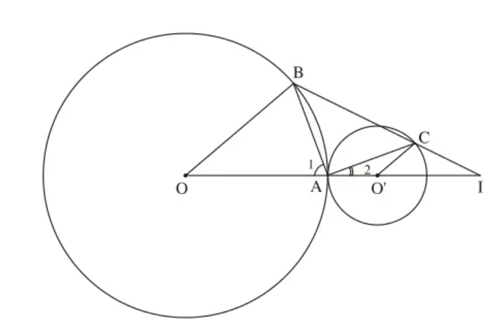 Cho đường tròn (O ; 3cm) và đường tròn (O’; 1cm) tiếp xúc ngoài tại A (ảnh 1)