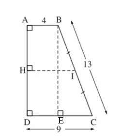 Cho hình thang vuông ABCD, AB = 4cm, BC = 13cm, CD = 9cm (ảnh 1)