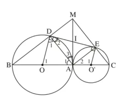 Cho hai đường tròn (O) và (O’) tiếp xúc ngoài tại A (ảnh 1)