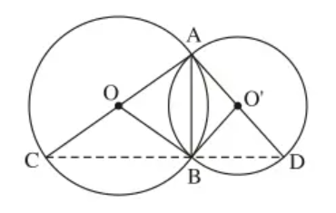 Cho hai đường tròn (O) và (O’) cắt nhau tại A và B (ảnh 1)
