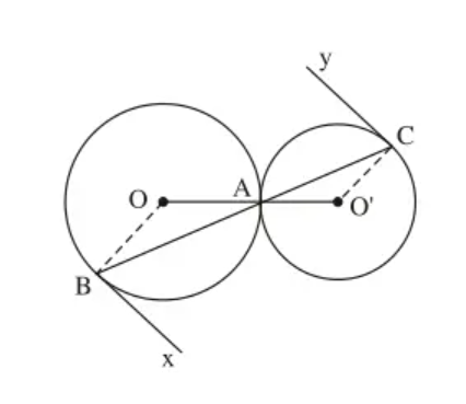 Cho hình 76, trong đó hai đường tròn (O) và (O’) tiếp xúc với nhau tại A (ảnh 1)