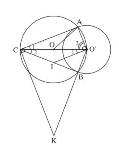 Cho hai đường tròn (O) và (O’) cắt nhau tại A và B, trong đó O’ nằm trên đường tròn (O) (ảnh 1)