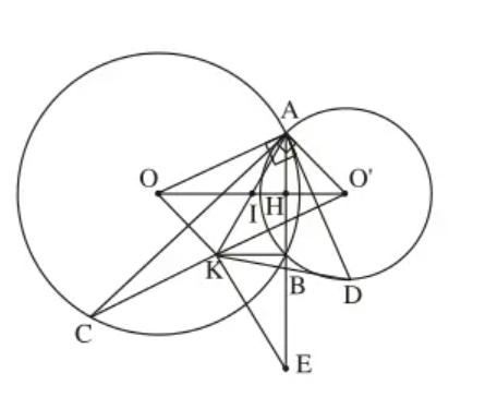 Cho hai đường tròn (O) và (O’) cắt nhau tại A và B (ảnh 1)