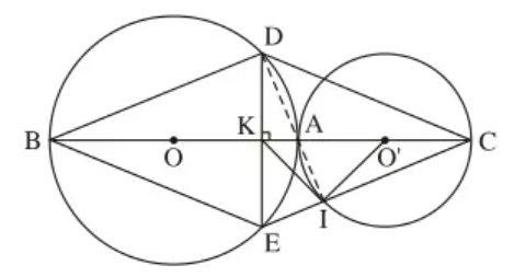 Cho hai đường tròn (O; R) và (O’; R’) tiếp xúc ngoài tại A (R > R’) (ảnh 1)