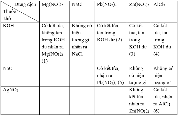 Có 6 dung dịch đựng trong 6 lọ mất nhãn: Mg(NO3)2, Zn(NO3)2, Pb(NO3)2, AlCl3, KOH và NaCl (ảnh 1)
