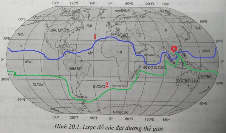 Giải SBT Địa Lí 6 Bài 20: Thực hành: Xác định trên lược đồ các đại dương thế giới - Cánh diều (ảnh 1)