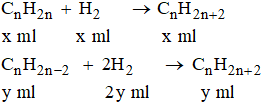 Hỗn hợp khí A chứa hiđro, một anken và một ankin. Đốt cháy hoàn toàn 90 ml A  (ảnh 1)
