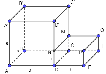 Tính thể tích khối hộp ở câu 7 với a = 4, b = 3, c = 1 (ảnh 1)