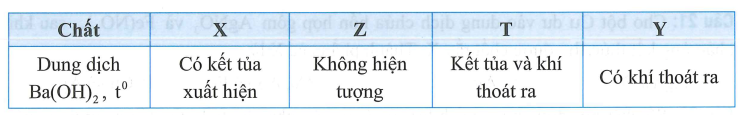 X,Y,Z,T là một trong các dung dịch sau: (NH4)2SO4, Na2SO4, NH4NO3, KOH Thực hiện thí nghiệm và thu được kết quả như sau (ảnh 1)