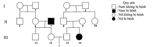 Sơ đồ phả hệ sau đây mô tả một bệnh di truyền ở người do một alen lặn nằm trên nhiễm sắc thể thường quy định, alen trội tương ứng quy định không bị bệnh. Biết rằng không có các đột biến mới phát sinh ở tất cả các cá thể trong phả hệ (ảnh 1)