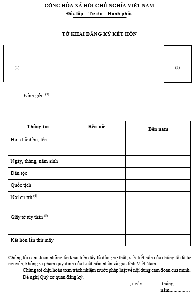 Mẫu tờ khai đăng ký kết hôn mới nhất [Năm 2023] (ảnh 1)