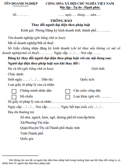 Mẫu thông báo thay đổi người đại diện theo pháp luật mới nhất [Năm 2023]  (ảnh 1)