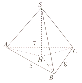 Cho hình chóp S.ABCD có các cạnh bên SA, SB, SC tạo với đáy các góc bằng 30 độ ab = 5 ac = 8 bc = 7 (ảnh 1)