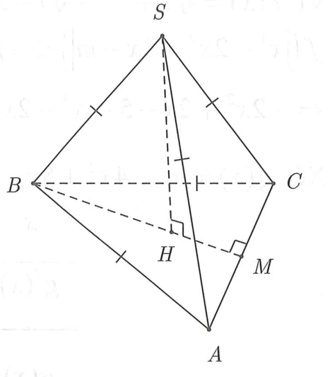 Cho hình chóp S.ABC có SA = SB = SC = BA = BC = 1. Tìm thể tích lớn nhất của khối chóp S.ABC (ảnh 1)