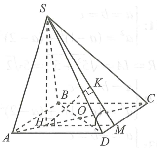 Trên hình chóp S.ABCD có đáy ABCD là hình vuông tâm O cạnh 2a. Hình chiếu của S trên mặt đáy là trung điểm H của OA; góc giữa (ảnh 1)