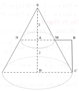 Cho hình vuông ABCD cạnh bằng 2. Gọi M là trung điểm AB. Cho tứ giác AMCD quay quanh trục AD ta được một khối tròn xoay. (ảnh 1)