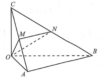 Cho khối tứ diện OABC với OA, OB, OC vuông góc từng đôi một và 0A = a, OB = 2a, OC = 3a. Gọi M, N lần lượt là (ảnh 1)