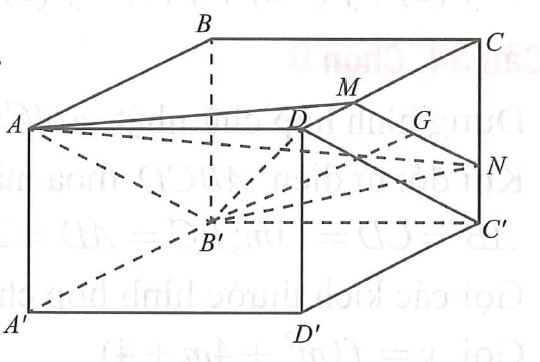 Cho hình hộp chữ nhật ABCD.A'B'C'D' có AB = 3a, AD = 4a, AA' = 4a. Gọi G là trọng tâm tam giác CC'D . Mặt phẳng chứa B'G và song song với C'D chia khối hộp thành 2 phần (ảnh 1)