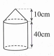 Một cái cột có hình dạng như hình bên (gồm một khối nón và một khối trụ khép lại). Chiều cao đo được ghi trên hình, chu vi đáy là 20cm. Thể tích của cột bằng (ảnh 1)