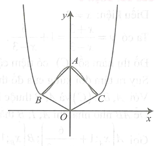 Tìm các giá trị của tham số m để đồ thị hàm số y = x^4 - 2 m^2 x ^2 + m^4 + 1 có ba điểm cực trị. Đồng thời (ảnh 1)