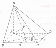 Cho hình chóp A.ABC có đáy ABCD là hình vuông cạnh a, tâm O. Cạnh bên SA = 2a và vuông góc với mặt đáy (ABCD). Gọi H và K lần lượt là trung điểm của cạnh BC và CD. Tính khoảng cách giữa hai đường thẳng HK và SD. (ảnh 1)