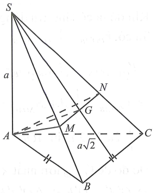 Cho hình chóp S.ABC có đáy tam giác ABC vuông cân ở B, SA = a, AC = a căn 2, SA vuông góc với mặt phẳng ABC. Gọi G là trọng tâm của tam giác ABC (ảnh 1)