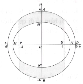 Một khu vườn dạng hình tròn có hai đường kính AB, CD vuông góc với nhau, AB = 12m. Người ta làm một hồ cá có (ảnh 1)