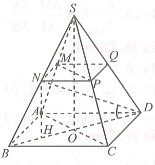 Cho hình chóp đều S.ABCD có AB = a, SA = a căn 5. Gọi M, N, P, Q lần lượt là trung điểm của SA, SB, SC, SD. Tính cosin của gó (ảnh 1)
