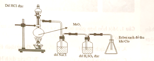 Cho hình biểu diễn quá trình điều chế khí clo trong phòng thí nghiệm như sau: (ảnh 1)