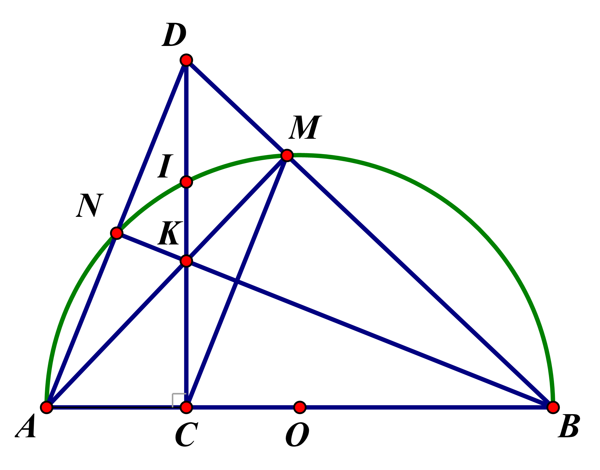 Cho nữa đường tròn tâm O đường kính AB. C là một điểm nằm giữa O và A. (ảnh 1)