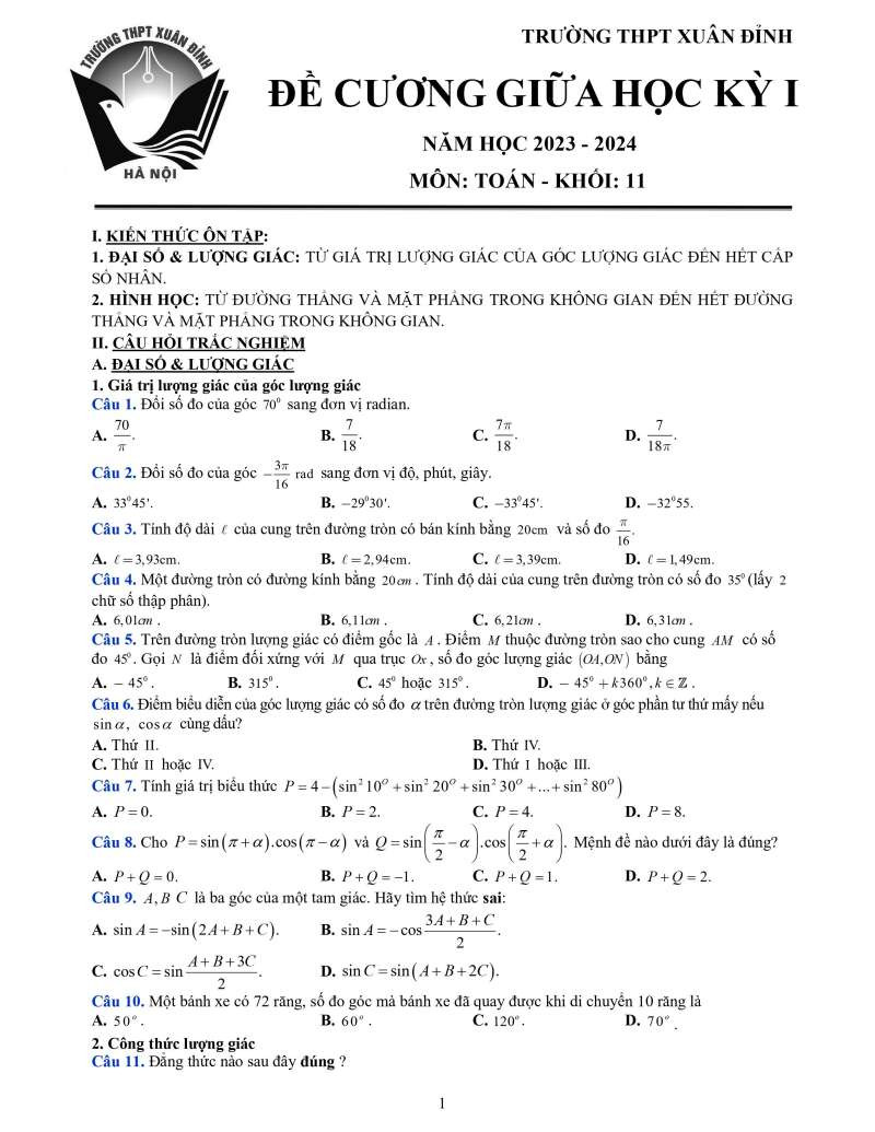 Đề cương ôn tập Toán 11 Giữa học kì 1 (Chân trời sáng tạo 2024) (ảnh 1)