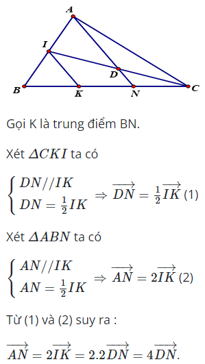 Cho tam giác ABC có I,D lần lượt là trung điểm AB, CI điểm N thuộc cạnh BC (ảnh 1)