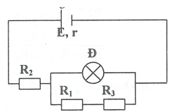 Cho E = 12 V; r = 2 ôm; R1 = R2 = 6 ôm. Đèn ghi (6 V – 3 W). a) Tính I, U (ảnh 1)