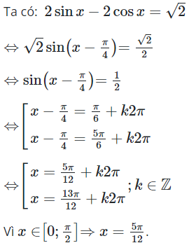 Số nghiệm của phương trình 2sinx - 2cosx = căn 2 (ảnh 1)