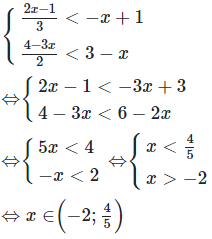 Tập nghiệm của hệ bất phương trình 2x-1/3<-x+1 và 4-3x/2<3-x (ảnh 1)