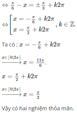 Số nghiệm của phương trình cos2(x+pi/3)+4cos(pi/6-x)=5/2 (ảnh 1)