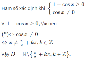 Tập xác định của hàm số y = căn (1-cosx / cos^2 x) là (ảnh 1)
