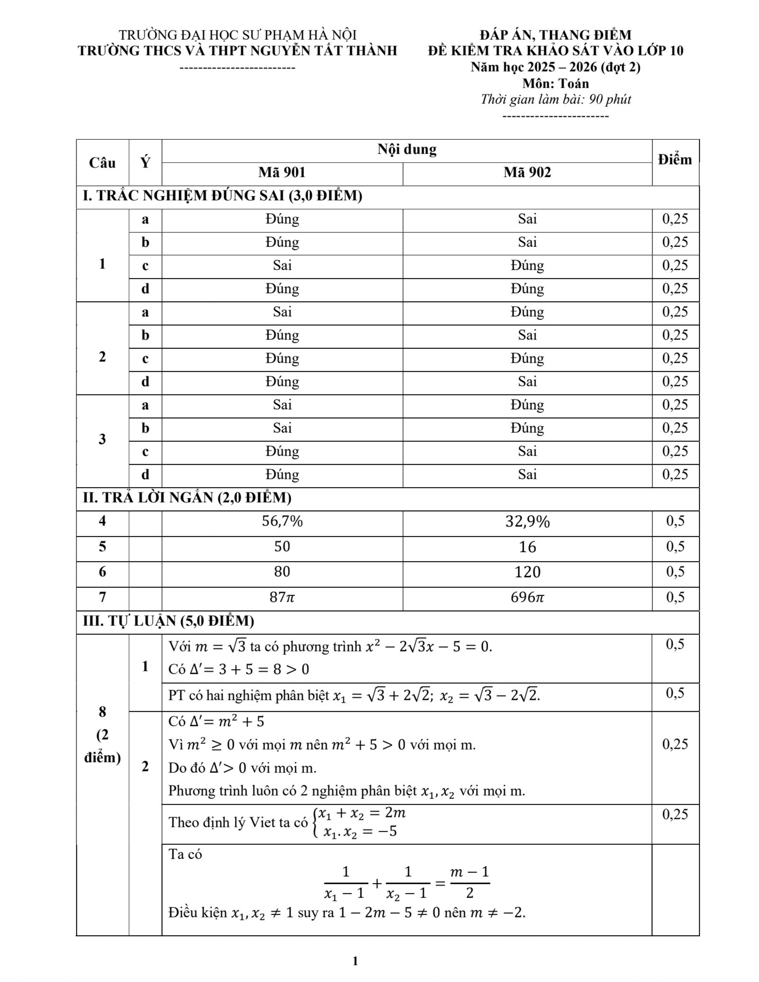 Đề thi thử vào 10 môn Toán (năm 2025 - 2026) Trường Nguyễn Tất Thành – Hà Nội có đáp án (ảnh 1)