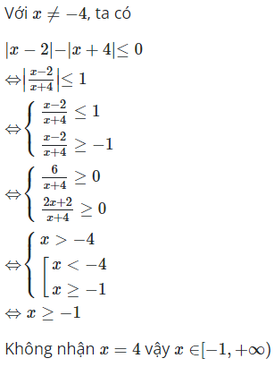 Với x thuộc tập hợp nào dưới đây thì f(x)=|x−2|−|x+4| không dương (ảnh 1)