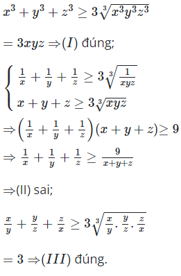 Cho x, y, z>0 và xét ba bất đẳng thức (I) x^3+y^3+z^3 lớn hơn bằng 3xy (ảnh 1)