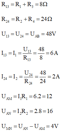 Cho mạch như hình vẽ, biết UAB=48V, R1=2 ôm, R2=8 ôm, R3=6 ôm, R4=16 ôm (ảnh 1)