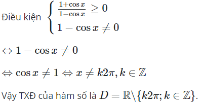Tập xác định của hàm số y = căn ((1+cosx)/(1-cosx)) (ảnh 1)