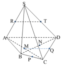 Cho hình chóp S.ABCD. Gọi M, N, P, Q, R, T lần lượt là trung điểm AC, BD, BC, CD, SA, SD (ảnh 1)