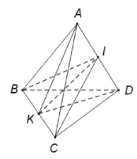 Cho 4 điểm không đồng phẳng A, B, C, D. Gọi I, K lần lượt là trung điểm của AD và BC (ảnh 1)