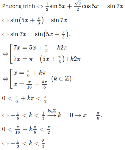 Số nghiệm của phương trình sin5x + căn 3 cos5x = 2sin7x trên khoảng (ảnh 1)